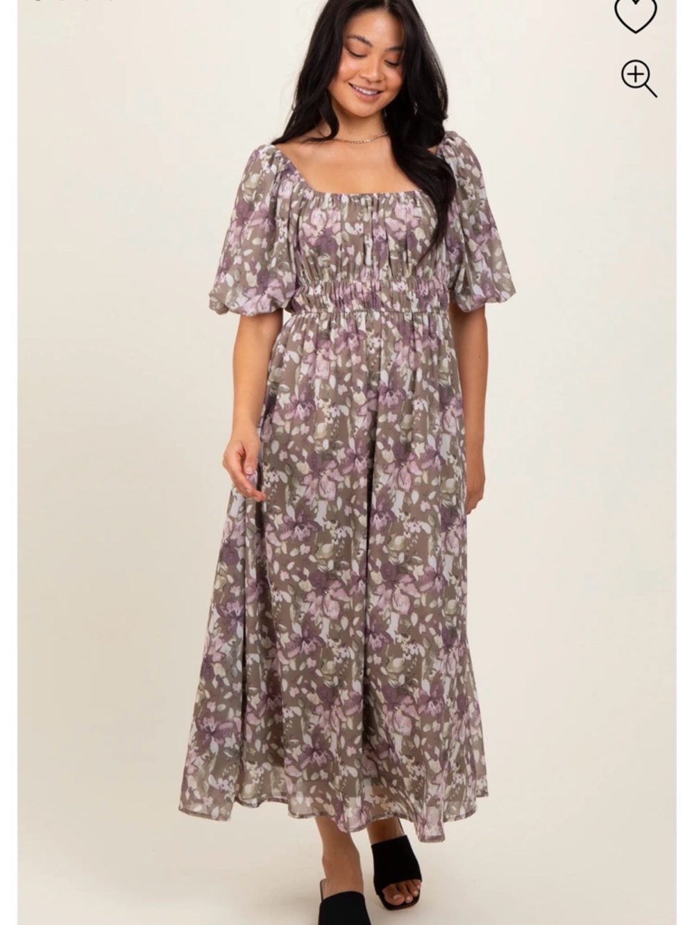 Taupe Floral Square Neck Short Puff Sleeve Midi Dress